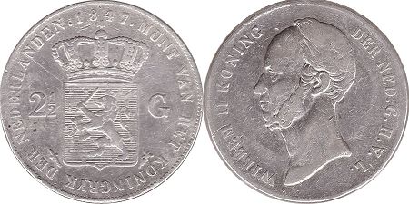 Moneda Países Bajos 2 1/2 florín 1847