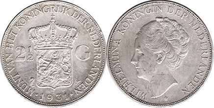 Moneda Países Bajos 2 1/2 florín 1931