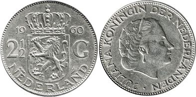 Moneda Países Bajos 2 1/2 florín 1960