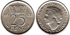 Moneda Países Bajos 25 cent 1948