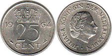 Moneda Países Bajos 25 cent 1964