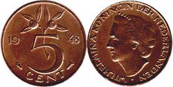 Moneda Países Bajos 5 cent 1948