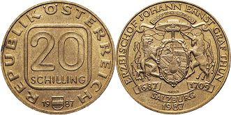 Moneda Austria 20 chelín 1987 Johann de Thun