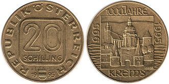 Moneda Austria 20 chelín 1995 Krems an der Donau