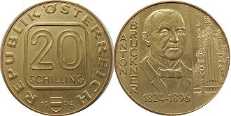 Moneda Austria 20 chelín 1996 Anton Bruckner