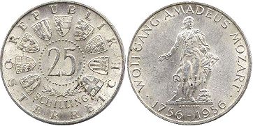 Moneda Austria 25 chelín 1956 Wolfgang Mozart