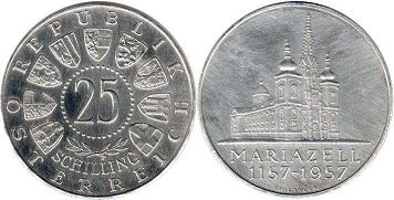 Moneda Austria 25 chelín 1957 Mariazell Basilika