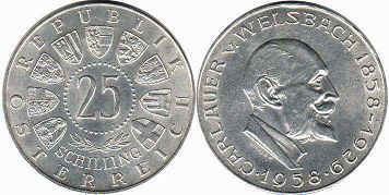 Moneda Austria 25 chelín 1958 Karl Auer de Welsbach
