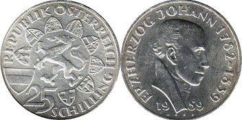 Moneda Austria 25 chelín 1959 Erzherzog Johann