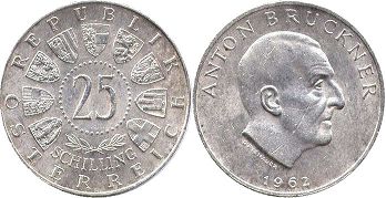 Moneda Austria 25 chelín 1962 Anton Bruckner