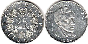 Moneda Austria 25 chelín 1964 Franz Grillparzer