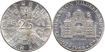 Moneda Austria 25 chelín 1968 Johann Lukwie de Hildebrandt