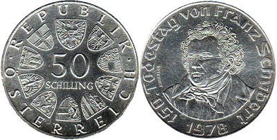 Moneda Austria 50 chelín 1978 Franz Schubert