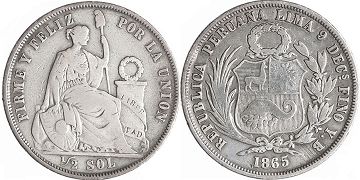 moneda Peru 1/2 sol 1865