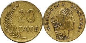 moneda Peru 20 centavos 1944