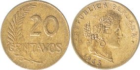 moneda Peru 20 centavos 1965