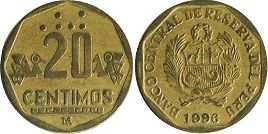 moneda Peru 20 centimos 1996