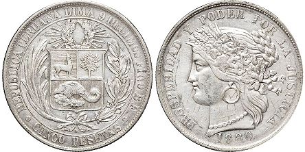 moneda Peru 5 pesetas 1880