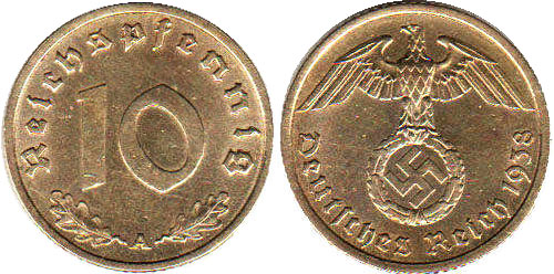 Moneda Nazi Alemania 10 ReichsPfennig 1938