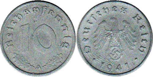 Moneda Nazi Alemania 10 ReichsPfennig 1941