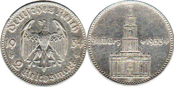 Moneda Nazi Alemania 2 Reichsmark 1934