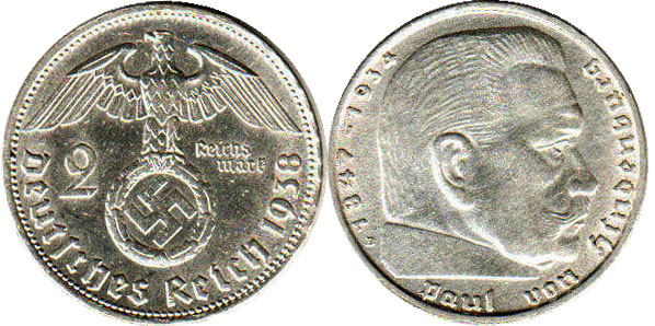 Moneda Nazi Alemania 2 Reichsmark 1938
