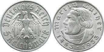 Moneda Nazi Alemania 5 Reichsmark 1933 Luther