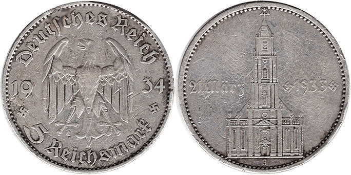 Moneda Nazi Alemania 5 Reichsmark 1934