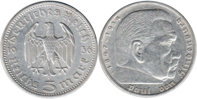 Moneda Nazi Alemania 5 Reichsmark 1936