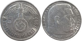 Moneda Nazi Alemania 5 Reichsmark 1937