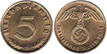 Moneda Nazi Alemania 5 ReichsPfennig 1938