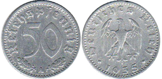 Moneda Nazi Alemania 50 ReichsPfennig 1935