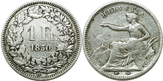 Moneda Suiza 1 frank 1850 