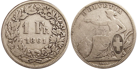 Moneda Suiza 1 frank 1861 