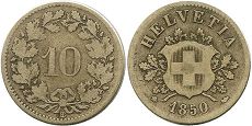Moneda Suiza 10 rappen 1850 