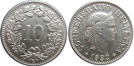 Moneda Suiza 10 rappen 1932 