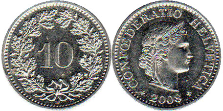 Moneda Suiza 10 rappen 2008 