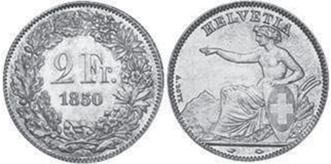 Moneda Suiza 2 franken 1850