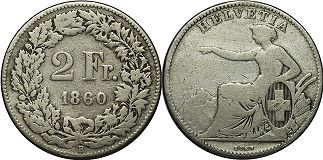 Moneda Suiza 2 franken 1860