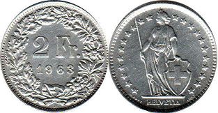 Moneda Suiza 2 franken 1963