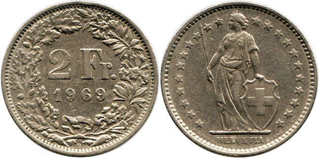Moneda Suiza 2 franken 1969