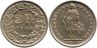Moneda Suiza 2 franken 1969