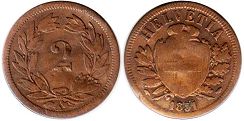 Moneda Suiza 2 rappen 1851 