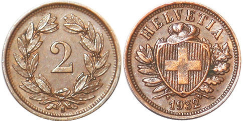 Moneda Suiza 2 rappen 1932 