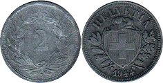 Moneda Suiza 2 rappen 1944 