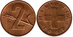 Moneda Suiza 2 rappen 1969 