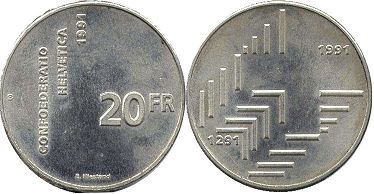 Moneda Suiza 20 franks 1991 Suizoischen Bundes