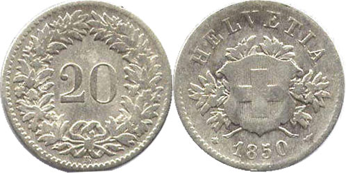 Moneda Suiza 20 rappen 1850 