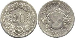 Moneda Suiza 20 rappen 1850 