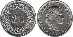 Moneda Suiza 20 rappen 1929 